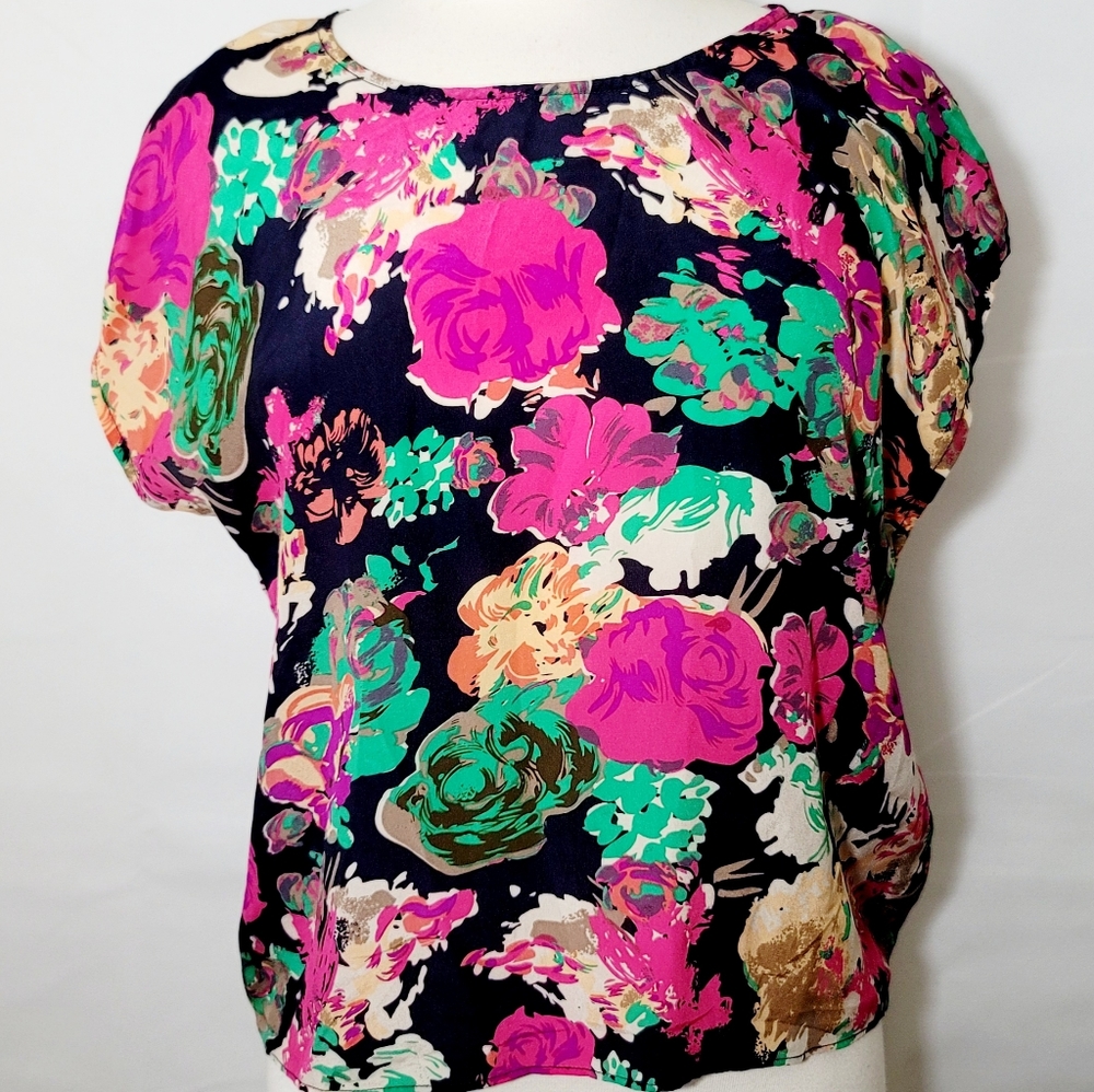 Maeve Anthropologie Womens Blue Pink Silk Floral Knotted Top